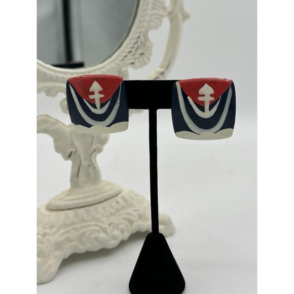 Vintage Anchor Red and Blue Nautical Handpainted Square Post Earrings - Picture 2 of 3